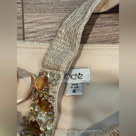 Cache Gold Shimmer One-Shoulder Jeweled Evening Dress Size 4 - Picture 2 of 8